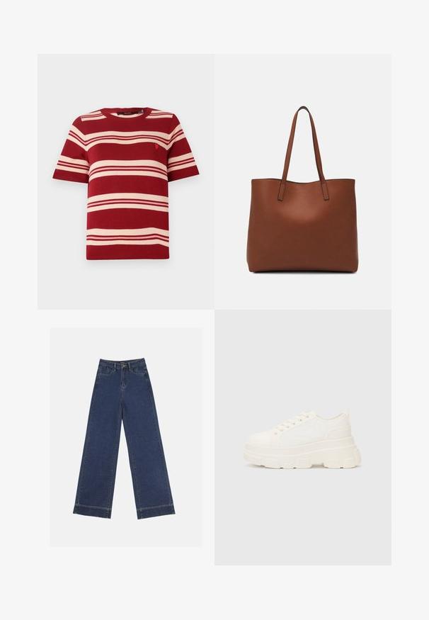 Rdeče črtast pulover s kratkimi rokavi s kremnimi vodoravnimi črtami in majhnim emblemom blizu prsnega področja. Rebrast krožni ovratnik in manšete.; Široke traperice v temno modrem denimu. Imajo pet žepov, zanke za pas in surov rob na dnu z vidnimi šivi.; Bela platnena teniska z debelim podplatom, okroglo konico in petimi luknjicami za vezalke. Zadaj je dodana zanka za enostavno obuvanje. Gladka tekstura, minimalistična zasnova.; Rjava usnjena torba z gladko teksturo, odprto zasnovo zgoraj in dvema naramnima trakovoma. Opremljena je z minimalnim šivanjem in brez vidnih kovinskih delov.