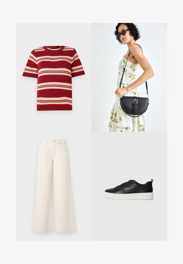 Pulover scurt cu mâneci scurte, cu dungi roșii și dungi orizontale crem, având un mic emblema în zona pieptului. Decolteu rotund și manșete cu bibi.; Pantaloni din denim bej deschis, cu talie înaltă, cu picioare largi, două buzunare frontale, închidere cu buton și detalii subtile de cusătură.; Adidași din piele negri, cu partea de sus joasă, șireturi negre și talpă groasă din cauciuc alb, văzuți din exterior pe un fundal alb.; Geantă din piele neagră, cu o formă curbată, curea detașabilă și accesorii aurii. Geanta are un capac cu un detaliu tip cataramă.