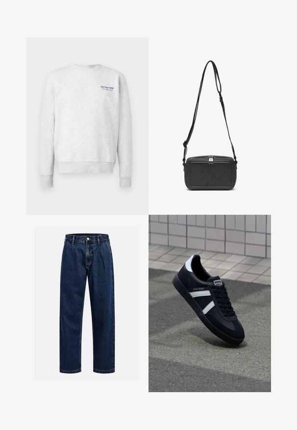 Grauer Pullover aus weichem Stoff, mit Rundhalsausschnitt, langen Ärmeln und einem blauen Logo auf der linken Brust. Leicht und locker geschnitten.; Dunkelblaue Denim-Jeans mit geradem Bein. Mit sichtbaren Nähten, einem Knopfverschluß und Frontfalten für zusätzliche Details.; Schwarze Leder-Sneaker mit weißen Streifen, strukturiertem Gummisohle und Schnürung. Verfügt über ein Markenetikett auf der Zunge.; Schwarze Leder-Crossbody-Tasche mit einem Reißverschluss, geprägtem Logo auf der Vorderseite und verstellbarem Riemen. Glatte Textur mit rechteckiger Form.