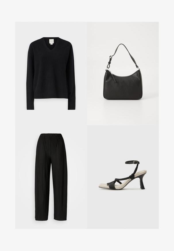 Črn pulover z v-izrezom, izdelan iz mehke tkanine, z dolgimi rokavi in sproščenim krojem. Minimalističen dizajn z etiketom na vratnem izrezu.; Črne široke hlače z nagubanimi hlačnicami in elastičnim pasom. Tkanina vsebuje vertikalne gube in gladko teksturo.; Črne sandale na visoki peti z prepletenim trakom, kvadratnim nosom in nastavljivim gležnjenjem. Svetlo bež podplat z sijajno črno peto.; Črna usnjena torba za roke s ukrivljenim oblikom, enim trakom, zadrgo in diskretnim blagovnim znamkom na sprednjem delu. Gladka tekstura, minimalističen dizajn.