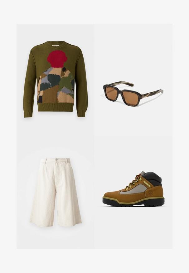 Olíva zöld kötött pulóver, amely színes foltvarrásos mintával rendelkezik, piros, barna és szürke akcentusokkal. Klasszikus kerek nyakkivágás és bordázott mandzsetták.; Icecream JUMBO RUNNING DOG - Nyomott mintás póló - black; Beige széles lábú pamut sort, egyenes szabással, elülső zsebekkel és látható gombos záródással a derekán.; Barna túrabakancs szürke és fekete díszítéssel, texturált bőr felsőrész, fém fűzőlyukakkal és strapabíró gumitalppal a tapadásért.; Műanyag napszemüveg teknősbékapáncélszerű mintával, nyolcszögletű barna lencsékkel és vékony arany hardware díszítéssel a kereten.