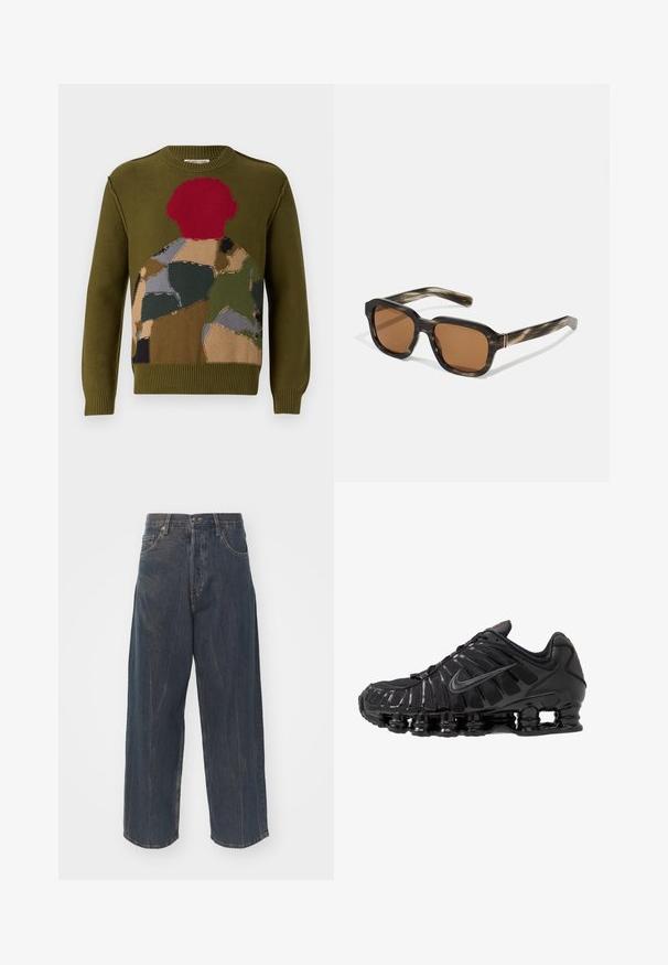 Oliivi vihreä neulepaita, jossa on monivärinen tilkkutyömuotoilu punaisilla, ruskeilla ja harmailla korostuksilla. Klassinen pyöreä kaula-aukko ja ribatut hihansuut.; Laaja lahje tummansiniset farkut, joissa on hienovarainen kulutustekstuuri, viisi taskua ja klassinen nappi- ja vetoketjusuljenta vyötäröllä.; Musta urheilukengä, jossa on verkko- ja synteettinen päällinen, ryppyinen muotoilu, nauhat ja paksu pohja, jossa on näkyvät pehmustusyksiköt.; Muoviset aurinkolasit, joissa on kilpikonnakuosiset kehykset, oktaalimuotoiset ruskeat linssit ja ohuet kultaiset yksityiskohdat kehystyksessä.; Ruskea nahkainen laukku, jossa on vetoketjuluukku, kaksinkertaiset kahvat, säädettävä olkahihna ja pinnassa näkyviä tekstuurikuviota.