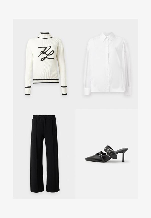 Baltas ribotas megztinis su juodu išsiuvinėtu logotipu priekyje. Turi aukštą apykaklę ir juodus apvadus rankogaliuose bei apačioje.; Baltas ilgas rankovėmis marškiniai su mygtukais, pagaminti iš lygaus medvilnės mišinio. Yra klasikinė apykaklė, priekinis mygtukų uždarymas ir apvalios rankogaliai.; Juodi tiesūs kelnės su elastine juosta ir subtiliu tekstūruotu raštu per audinį ant balto fono.; Juodos aukštakulnės mule bateliai su smailiu pirštu, pagaminti iš lygaus odos. Turi platų kulkšnies dirželį su kvadratiniu sidabro sagtimi ir skulptūromis.