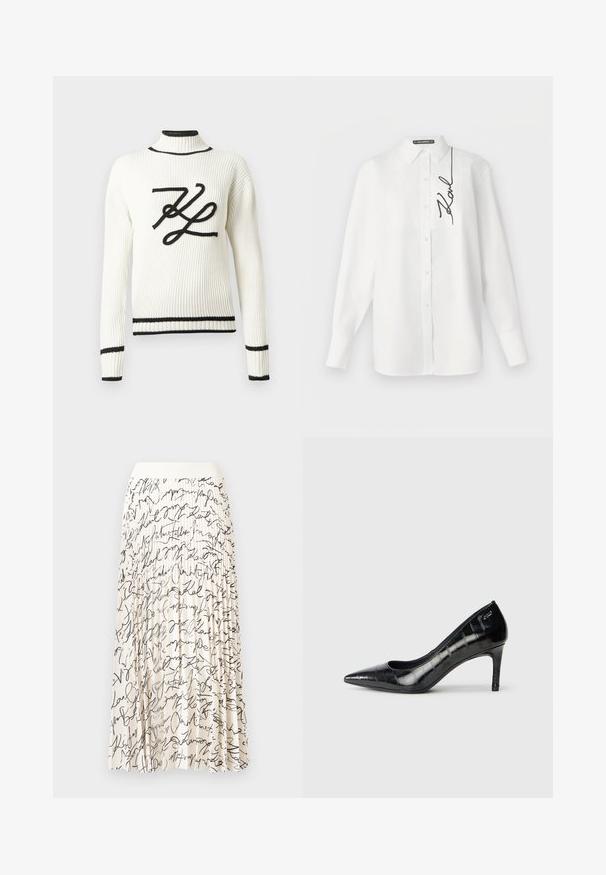 Weißer, gerippter Pullover mit einem schwarzen, gestickten Logo auf der Vorderseite. Verfügt über einen hohen Kragen und schwarze Einfassungen an Bündchen und Saum.; Weißes Langarmhemd aus Baumwolle mit einer Fronttasche und einer schwarzen, aufgestickten Signatur auf der linken Seite. Klassischer Kragen und Knopfverschluss.; Plissierter Midirock in Creme mit schwarzen Kursivschriftmustern, mit einem glatten Bund und fließendem Stoff für Bewegungsfreiheit.; Schwarze spitz zulaufende High Heels mit glänzender Oberfläche und subtilem Texturmuster. Verfügt über einen moderaten Absatz und ein offenes Schlüpfen-Design.