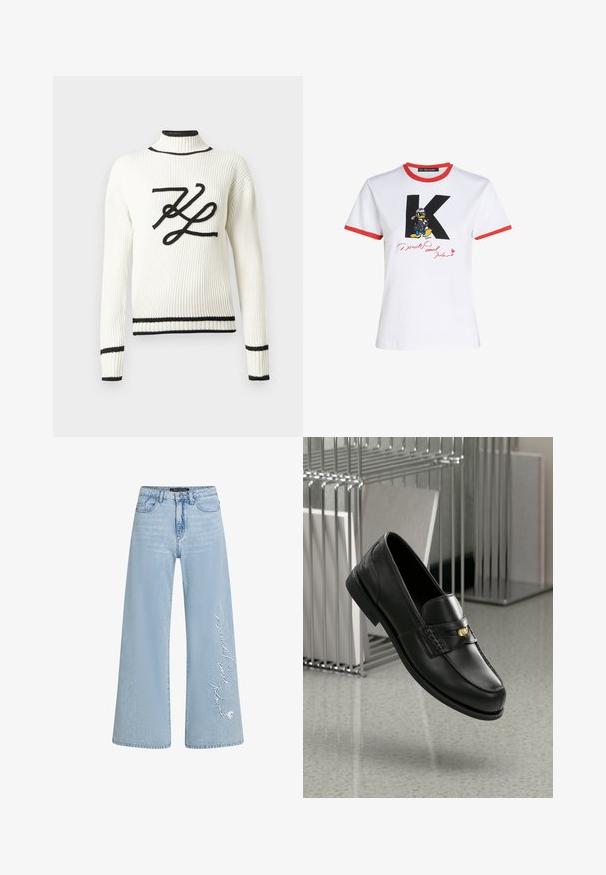 Valge soonikkoes kampsun, mille ees on musta tikandiga logo. Kampsunil on kõrge kaelus ning varruka- ja allääre ääres mustad ääred.; Valge puuvillane T-särk punase kaeluse ja varrukate äärega. Kujutamisel on must 'K' ja Donald Duck'i graafika punase allkirjaga.; Heledad sinine laia säärega teksapüksid, millel on vasakul jalal õmmeldud tekst "Donald ja Daisy". Omad klassikalise viie tasku disaini ja vöökohaga.; Mustast nahast loaferid sujuva viimistlusega, dekoratiivse riba ja väikese kuldse aktsendiga. Tald on lame ja varvas on ümar.