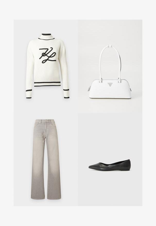 Biely rebrovaný sveter s čiernym vyšívaným logom na prednej strane. Má vysoký golier a čierne lemovanie na manžetách a spodnom okraji.; Šedé široké džínsy s vyblednutým povrchom, zapínanie na gombík, dizajn s piatimi vreckami a prešitie pozdĺž švov.; Čierne kožené balerínky s špicatou špičkou, nízkym opätkom a hladkým povrchom. Minimálny dizajn s jemným bočným akcentom.; Biely kožený kabelka s oblým tvarom, so strieborným trojuholníkovým logom a zipsovým uzáverom. Hladký povrch a dvojité uši.
