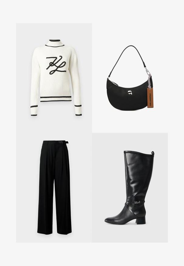 Baltas ribotas megztinis su juodu išsiuvinėtu logotipu priekyje. Turi aukštą apykaklę ir juodus apvadus rankogaliuose bei apačioje.; Juodos plačios kojų kelnės su aukštu liemeniu, priekinėmis klostėmis ir diržu su sagtimi. Pagamintos iš lygaus, lengvo audinio.; Juodas odinis iki kelių botas su smailiu pirštu, storu kulnu ir dekoratyvine juostele, kurioje yra sidabrinis logotipas šalia kulkšnies. Lygi tekstūra.; Juodas odinis rankinės su grublėta tekstūra, išlinkusia forma, viršutiniu užtrauktuku, sidabrinėmis detalėmis ir rudąja etiketė. Pabrėžtas logotipo akcentas.