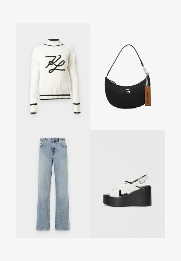 Weißer, gerippter Pullover mit einem schwarzen, gestickten Logo auf der Vorderseite. Verfügt über einen hohen Kragen und schwarze Einfassungen an Bündchen und Saum.; Helles blau, weit geschnittene Jeans aus Denim. Mit Knopf- und Reißverschluss, Fronttaschen und dezentem Verblassen. Saubere Säume.; Weiße Plattform-Sandalen mit schwarzem Boden, ausgestattet mit einem gekreuzten Riemendesign und einem verstellbaren Knöchelriemen. Glatte Textur, modernes Design.; Schwarze Lederhandtasche mit einer genarbten Textur, geschwungener Form, Reißverschluss oben, silberner Hardware und einem braunen Etikett. Verfügt über ein Logo-Detail.