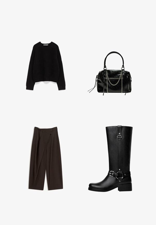 Zwarte gebreide trui met lange mouwen, geribde boorden en zoom, ronde halslijn en een klein wit merketiket aan de binnenkant van de kraag.; Donkere bruin wijde broek met een hoge taille, voorzien van een enkele knoopsluiting en een geplooide voorkant. Gemaakt van lichtgewicht stof.; Hoge zwarte neplederen laarzen met een ronde neus, accentriem met gespsleutel en een brede hak. Glad textuur en verticale naad op de schacht.; Bershka WITH CHAIN - Handtas - black