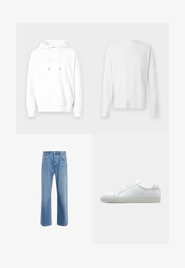Sweat à capuche blanc en tissu doux, avec une poche kangourou à l'avant, une capuche à cordon de serrage et un logo en relief sur la poitrine. Design simple.; Chemise en coton blanc à manches longues avec un col rond, fentes latérales en bas et une texture lisse, présentée de dos.; Jeans en denim bleu clair avec une coupe droite, cinq poches, fermeture à bouton, peu d'usure et des détails de couture contrastés.; Sneaker blanche avec une tige en cuir lisse et un profil bas. Présente un bout arrondi, six œillets et une semelle en caoutchouc texturé.