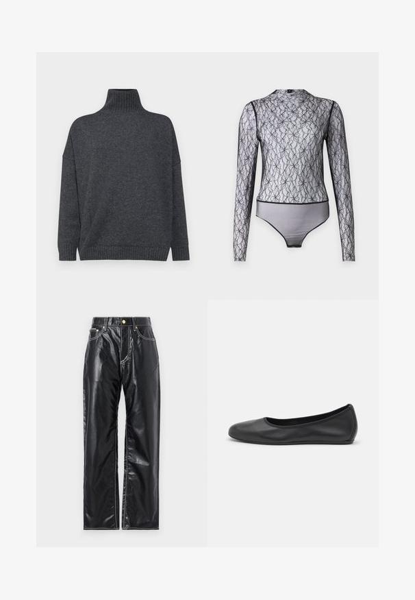 Weekend Max Mara BORGIA - Pulóver - grigio scuro; Fekete, hosszú ujjú body áttetsző csipkéből, virágmintával. Magas nyakkivágással rendelkezik, a széleken és az alján kontrasztos fekete szegéllyel.; Fekete műbőr nadrág széles lábbetéttel, fehér varrással, elülső zsebekkel és arany gombbal a derekán.; Fekete bőr balettcipő lekerekített orral, sima tekstúrával, minimális varrással és rugalmas talp kialakítással.