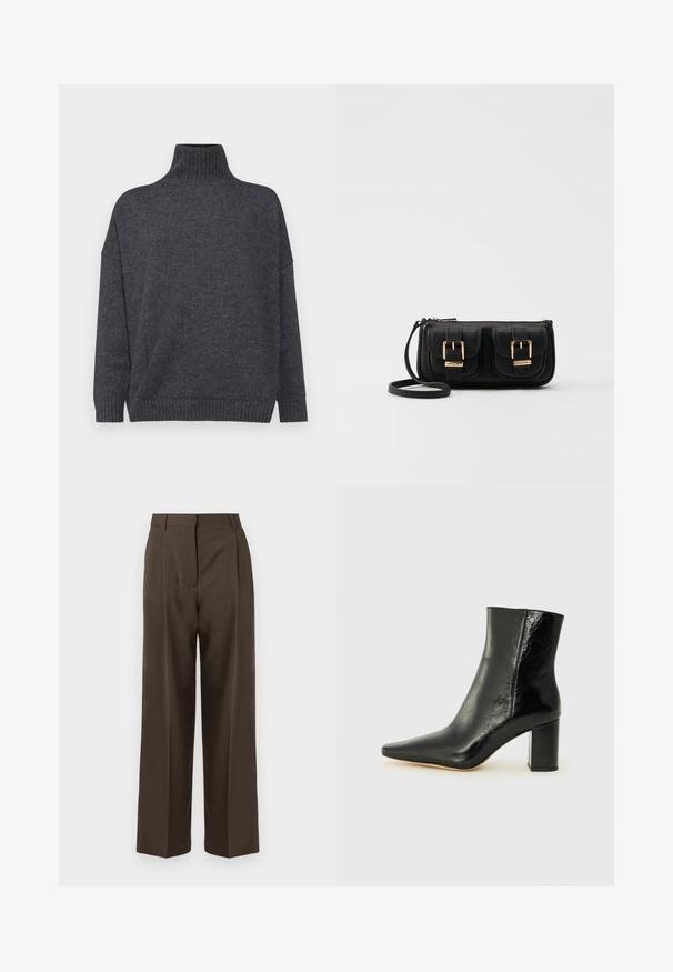 WEEKEND MaxMara BORGIA - Strikkegenser - grigio scuro; Brune vide bukser med en glat tekstur, der har høj talje, frontfolder og et skræddersyet design. Ingen synlige lommer eller dekorationer.; Svart ankelstøvel laget av blankt lær med spiss tå og en robust, firkantet hæl. Har en glatt tekstur og en minimalistisk design.; Svart skinn crossbody veske med to frontlommer, gyldne spenner, glidelåslukking og en slank stropp. Teksturert overflate og kompakt rektangulær form.