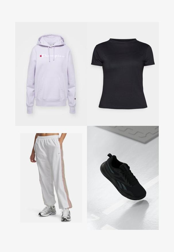 Sudadera con capucha de color púrpura claro, con un bolsillo frontal, logotipo bordado de "Champion" en blanco y rojo, puños y dobladillo acanalados.; Camiseta negra de manga corta hecha de una mezcla de algodón, con cuello redondo y textura suave, sin logotipos o patrones visibles.; Pantalones deportivos blancos con una cinturilla elástica, que presentan franjas laterales en tonos rosa pastel y beige. Hechos de una tela ligera y suave.; Zapatilla deportiva negra con parte superior de malla, con acentos texturizados y forma de suela plana. Incluye logotipo en tonalidades y una pestaña en el talón.