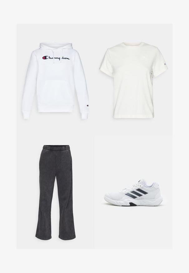 Hvit hettegenser med snor i hetta, frontlomme med kenguru-design, og brodert "Champion"-logo i marineblått og rødt på brystet.; Hvit kortermet bomulls T-skjorte med rund hals og en liten logo øverst til venstre på brystet. Myk tekstur og standard passform.; Utsvingte joggebukser i mørkegrått stoff med myk tekstur. Har elastisk midjebånd og brodert logo på siden.; Hvit sportsko med mesh-overdel, tre svarte striper på siden, teksturerte detaljer og en solid gummisåle med en kontrasterende svart seksjon.