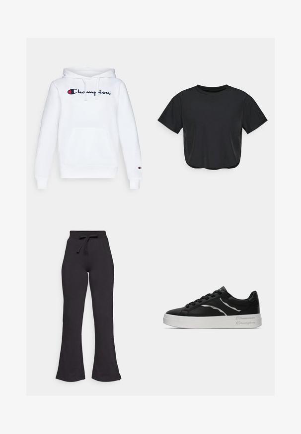 Biela mikina s kapucňou na šnúrku, predná klokanková vrecko a vyšité logo "Champion" v námorníckej modrej ačervenej farbe na hrudi.; Čierne skrátené tričko vyrobené z jemného materiálu, s okrúhlym výstrihom, krátkymi rukávmi a voľným strihom. Jemné detaily šitia.; Čierne rozšírené tepláky vyrobené z mäkkej látky, s opaskom na šnúrku a hladkou textúrou. Navrhnuté pre pohodlie a jednoduché nosenie.; Čierne kožené tenisky s bielou podrážkou, s tenkými striebornými akcentmi a viazaním. Hladký povrch s logom na päte.