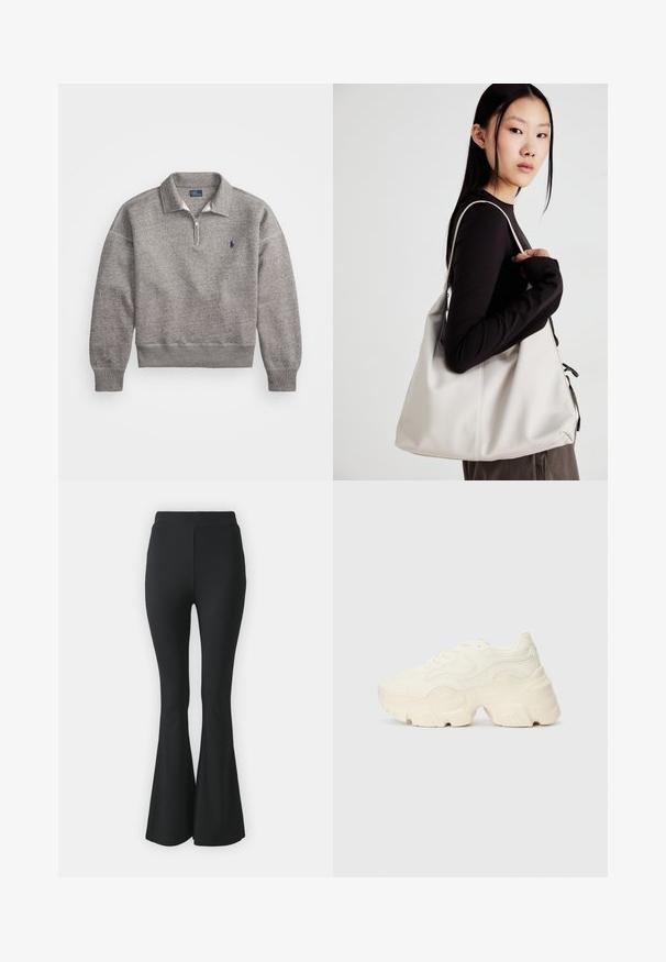Sweatshirt cinza com gola de meio fecho, punhos canelados e um pequeno logótipo bordado no peito. Tecido macio em mistura de algodão.; Calças pretas de boca de sino feitas de tecido elástico. Apresentam uma cintura alta e um design suave e ajustado que se alarga a partir do joelho para baixo.; Sapatilhas brancas chunky feitas de malha texturizada e materiais sintéticos, apresentando uma sola espessa e detalhes de padrão intrincados ao longo dos lados.; Uma bolsa bege feita de material macio, com um design descontraído, detalhes de costura e duas alças para o ombro. Adequada para uso diário.