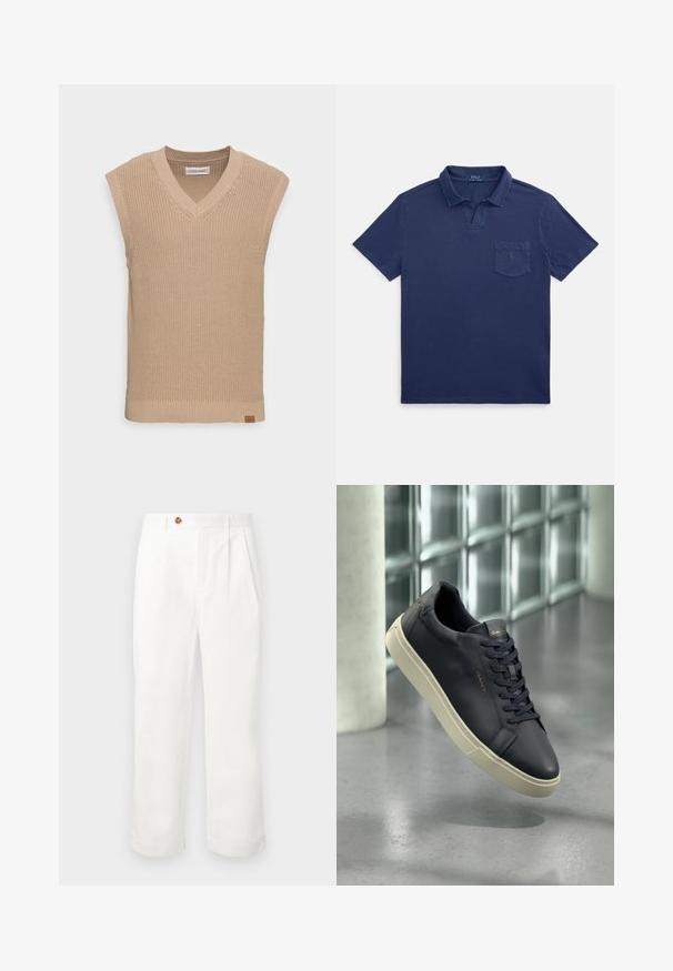 Gilet sans manches en tricot beige avec un décolleté en V, texture côtelée et une petite étiquette en cuir en bas à gauche.; Polo bleu marine en coton, avec un col plié, des manches courtes et une poche poitrine ornée d'un petit logo.; Pantalon en coton blanc à coupe droite, avec deux plis à l'avant, une fermeture à un bouton et des poches latérales. Texture lisse.; Baskets en cuir bleu marine avec un bout rond, des lacets plats et une semelle texturée ; elles se distinguent par un logo sur la languette, contrasté par une semelle extérieure couleur crème.