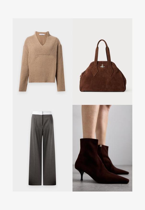 Beige gerippter Strickpullover mit tiefem V-Ausschnitt, langen Ärmeln und einem strukturierten Paneel auf der Brust. Kürze mit lockerer Passform.; Weite Hose in Dunkelgrau mit vertikalen Nadelstreifen. Der Bund ist weiß und elastisch, was ein kontrastierendes Detail erzeugt.; Braune Wildleder-Stiefeletten mit spitzem Zehenbereich, schickem hohen Absatz und Reißverschlussdetails auf der Rückseite, die über eine glatte Textur und ein minimalistisches Design verfügen.; Braune Wildleder-Handtasche mit strukturiertem Design, abgerundeter Form und länglichen, diamantförmigen Griffen. Mit einem silbernen Metallverschluss ausgestattet.