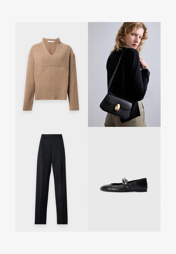 Beige ribbed knit sweater with a deep V-neck, long sleeves, and a textured panel at the chest. Cropped length with a relaxed fit.; Black trousers made from smooth fabric featuring a high waist, wide legs, front pleats, and classic belt loops. No side pockets visible.; Black leather ballet flats with a pointed toe, featuring a strap with a circular metallic buckle and a flat sole.; Black leather handbag with a curved shape, featuring a prominent gold oval clasp, adjustable strap, and minimalistic design.