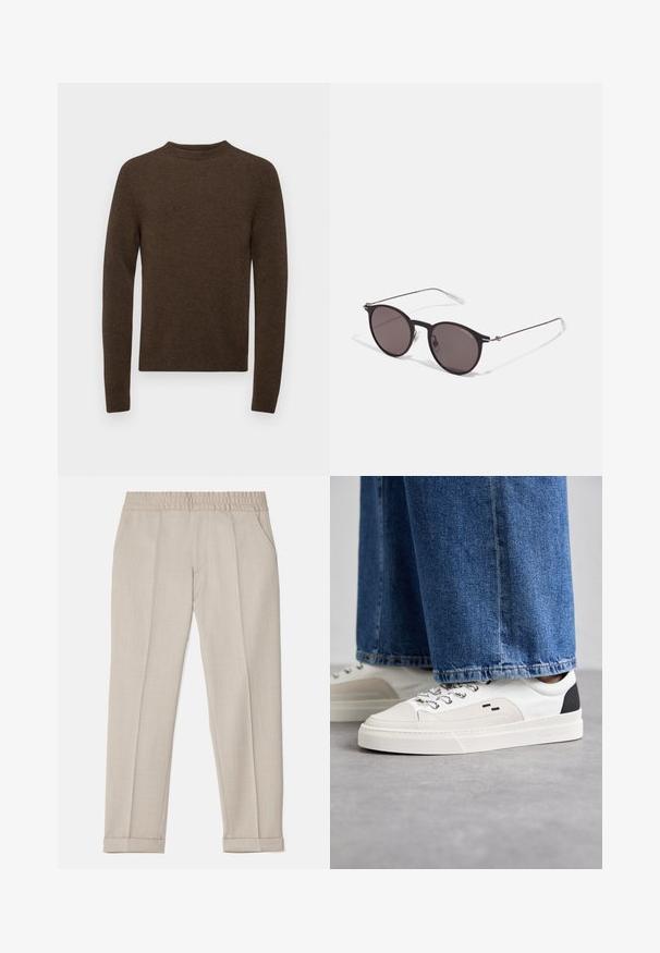 Filippa K SWEATER - Strickpullover - driftwood; Filippa K TERRY CROPPED TROUSERS - Stoffhose - sage melange; Weiße und schwarze Sneaker mit einem Obermaterial aus glattem Leder, strukturierten Akzenten und einer massiven weißen Sohle. Verfügt über ein klassisches Schnürdesign.; Schwarze runde Sonnenbrille mit dunklen Gläsern und schlanken Metallbügeln. Enthält klare Tempelspitzen und silberne Akzente am Scharnier. Minimalistisches Design.
