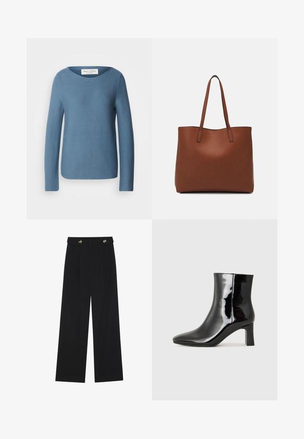 Marc O'Polo LONGSLEEVE BOAT NECK - Jumper - hazy blue; Black wide-leg trousers with high waist, button details on waistband, and front pleats.; Black patent leather ankle boot with a pointed toe and a mid-height block heel. Smooth texture and minimalist design.; Brown leather tote bag with a smooth texture, open top design, and two shoulder straps. Features minimal stitching and no visible hardware.