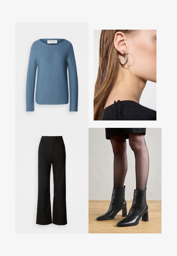 Marc O'Polo LONGSLEEVE BOAT NECK - Džemperis - hazy blue; Juodos plačios kelnės su lygiu paviršiumi, aukšta liemeni, ir švariu dizainu. Nėra matomų kišenių ar papuošimų.; Juodos odinės aulinės botai su smailiu priekiniu galiuku, masyviu kvadratiniu kulnu ir elegantišku dizainu. Yra elastingos šoninės detalės, kad būtų lengva užsidėti.; Sidabrinė lankinė auskarai su poliruotu paviršiumi, turintys mažus auksinius akcentus ir apvalią formą, dėvimi ant ausies kaušelio.