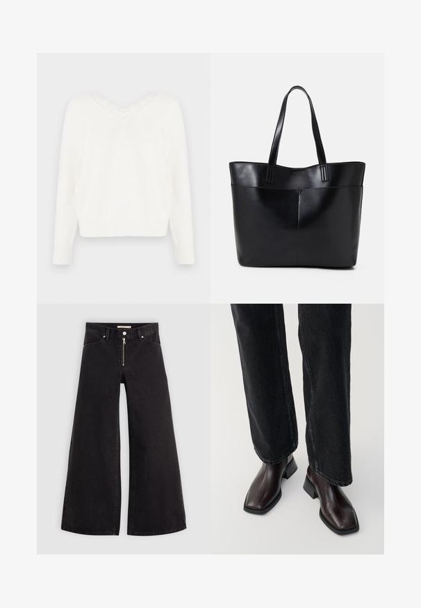 Witte gebreide trui met een v-hals en kantafwerking. Heeft lange mouwen, ribgebreide manchetten en een licht cropped zoom. Zachte, gestructureerde stof.; Wijdvallende jeans van zwarte denim met een ritssluiting aan de voorkant, vijf zakken en subtiele stikdetails. Soepele textuur en casual stijl.; Bruine leren enkellaarsjes met een vierkante neus en blokhak, gecombineerd met zwarte wijde jeans. Glad textuur en minimalistisch ontwerp.; Zwarte leren tote bag met twee lange handvatten, een zachte textuur en een gestructureerde vorm. Voorzien van een voorvak voor extra opslagruimte.