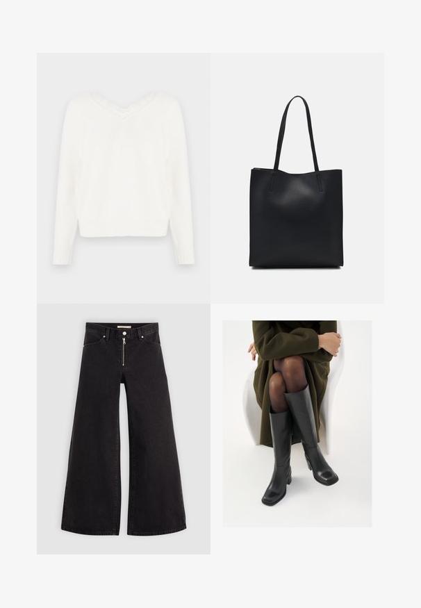 Bijela pletena dolčevita s V-izrezom i čipkastim rubom. Ima duge rukave, rebraste manžete i blago skraćeni rub. Mekana, strukturirana tkanina.; Široke traperice od crnog denima s prednjim zatvaračem, dizajnom s pet džepova i suptilnim detaljima šivanja. Glatka tekstura i ležeran stil.; Čizme od crne kože do koljena sa četvrtastim vrhom i blok petom, prikazane s manekenkom koja sjedi u maslinasto zelenom kaputu. Glatka tekstura, minimalni detalji.; Crna kožna torba za nošenje s glatkom teksturom, pravokutnim oblikom i dvije duge ručke. Nema vidljivih metalnih dijelova ili ukrasa.