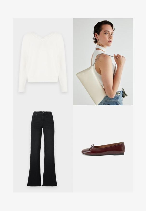 Bela pletena pulover s V-izrezom in čipkastim robom. Ima dolge rokave, rebraste manšete in rahlo krajši rob. Mehka, strukturirana tkanina.; Črne visokotopne razširjene jeans hlače z sprednjimi žepi, obroči za pas in z gumbom na belem ozadju.; Burgundska patenti usnjeni baletni čevlji z zaobljenim prstom, majhnim lokom na sprednji strani in nizkim črnim gumijastim podplatom. Gladka tekstura.; Bela pravokotna torbica za ključe iz sijajnega materiala, opremljena s srebrno verižico. Model pozira in prikazuje torbico na enobarvni podlagi.