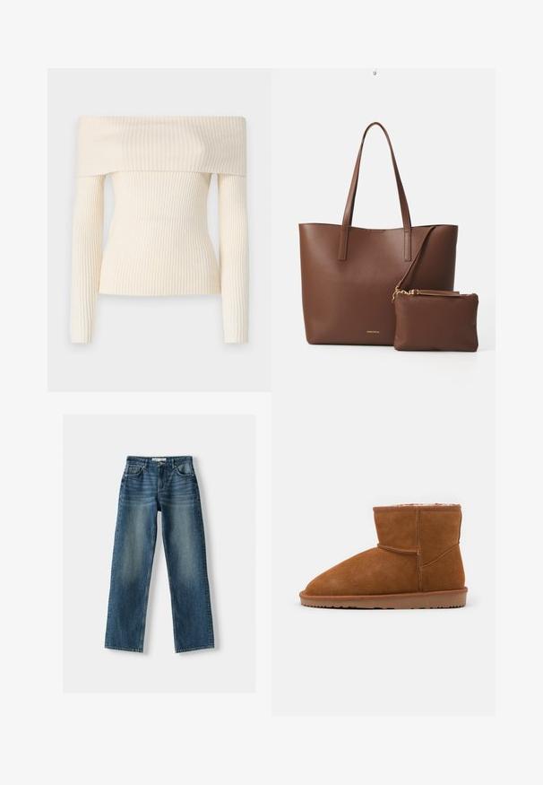 Off-the-shoulder, ribbed knit sweater in cream. Features long sleeves and a fitted silhouette, showcasing a soft texture and subtle sheen.; Two strapless tops: one features a brown and cream abstract animal print, while the other is solid black. Both are made of soft fabric.; Blue denim jeans featuring a straight leg design, button closure, five pockets, and faded areas. Material appears sturdy with a textured finish.; Brown suede ankle boot with a rounded toe and soft lining, featuring a flat rubber sole and minimal stitching details.; Brown faux leather tote bag with two long handles and a matching small pouch. The surface features a textured pattern and gold hardware accents.