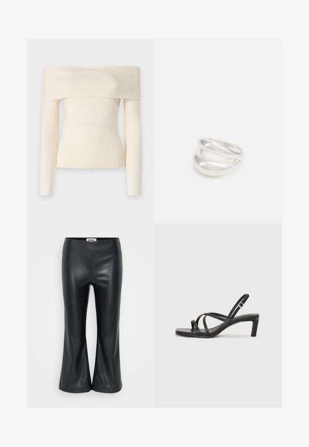 Oficialiai nusmukęs, siauras megztinis iš kremiškos spalvos. Turi ilgas rankoves ir prigludusią siluetą, pabrėžiančią švelnų tekstūrą ir subtilų blizgesį.; Juodos dirbtinės odos platėjančios kelnės su lygia tekstūra. Savybės: aukštas liemuo ir įpjovos apatine dalimi, užtikrinančios patogų prigludimą. Prekės ženklo etikete vidinėje juostos pusėje.; Juodi šlepetės su kvadratiniu pirštu ir žemu bloku kulnu. Yra keli ploni dirželiai ir reguliuojamas kulkšnies diržas. Pagaminti iš lygios odos.; Sidabrinis dvigubas žiedas su lygiu, poliruotu paviršiumi. Pasižymi sklandžiu, kreiptu dizainu su persipinančiomis dalimis, suteikiančiomis modernų išvaizdą.