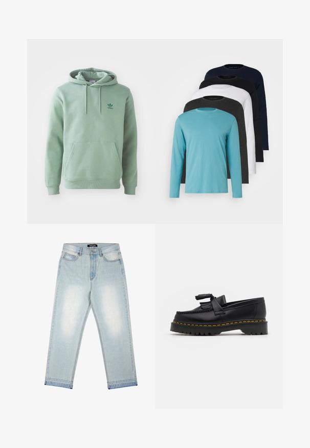 Minttu vihreä huppari, joka on valmistettu pehmeästä kankaasta. Siinä on etutasku ja brodeerattu logo rinnassa. Ribbadut hihansuut ja helma.; Viisi pitkähihapaitaa rivissä: turkoosi, musta, valkoinen, tummanharmaa ja tummansininen. Pehmeä kangas, jossa pyöreä kaula-aukko ja normaali istuvuus.; Pegador BARROW - Loose fit -farkut - sand washed blue; Musta nahkakengät, joissa on tupsuakkentti, paksu musta pohja ja keltainen ommel reunassa. Rakeinen pinta.