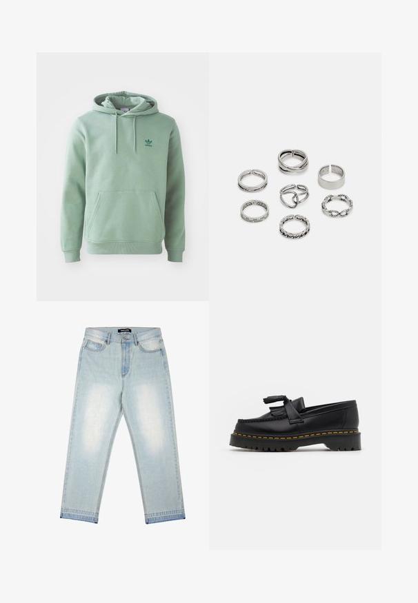 Mėtų žalios spalvos gobtuvinė palaidinė, pagaminta iš minkštos medžiagos. Yra priekinė kišenė ir siuvinėtas logotipas ant krūtinės. Ribošos ant rankovių ir apatinio krašto.; Pegador BARROW - Laisvi džinsai - sand washed blue; Juodas odinis loaferis su kutais, turintis masyvų juodą pado ir geltonus siūlus palei kraštą. Textūruota danga.; Septyni sidabriniai žiedai, nusprendti įvairiais dizainais, įskaitant susuktus, susietus ir raižytus raštus. Skirtingos formos ir pločiai.