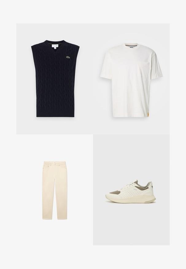 Μπλέ ναυτικού χρώματος χωρίς μακριά μανίκια πουλόβερ με V-λαιμό, με υφή καμπυλωτής πλέξης και μικρό πράσινο λογότυπο κροκοδείλου στο αριστερό στήθος.; Λευκό βαμβακερό μπλουζάκι με στρογγυλή λαιμόκοψη, κοντά μανίκια και τσέπη στο αριστερό στήθος. Διαθέτει μια μικρή ετικέτα logo στη ραφή στο πλάι.; Άσπρες μπεζ τζιν παντελόνες με ίσια γραμμή, που διαθέτουν πέντε τσέπες, κλείσιμο με κουμπί και φερμουάρ, και διακριτές ραφές.; Λευκό και ανοιχτό μπεζ αθλητικό παπούτσι, με επάνω μέρος από διχτυωτό υλικό, διακοσμήσεις με περφορέ και υφή στην ενδιάμεση σόλα με επωνυμία στη φτέρνα.