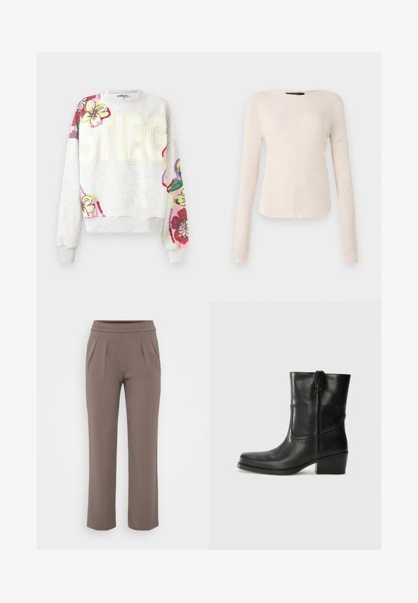 Grey sweatshirt with floral embroidery on sleeves. Features bold letters "STIEG" in yellow. Soft fabric, ribbed cuffs and hem.; Long-sleeve, light beige top with a round neckline. Made of soft fabric, features a central seam and slightly curved hem. No visible hardware.; Taupe loose-fit trousers with elastic waistband and front pleats, made from smooth fabric.; Black leather ankle boot with a rounded toe, block heel, side zipper, and stitching accents on the vamp. Smooth texture, classic design.