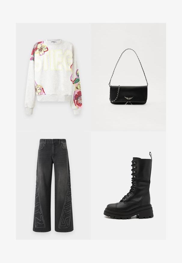 Grey sweatshirt with floral embroidery on sleeves. Features bold letters "STIEG" in yellow. Soft fabric, ribbed cuffs and hem.; Black wide-leg jeans made of denim, featuring a frayed embroidered graphic on the sides and traditional five-pocket design.; Black leather lace-up boots with a chunky lug sole, high shaft, and textured surface, featuring metallic eyelets and a pull tab.; Black leather handbag with a silver chain strap, featuring decorative wing accents and white stitching along the bottom seam.