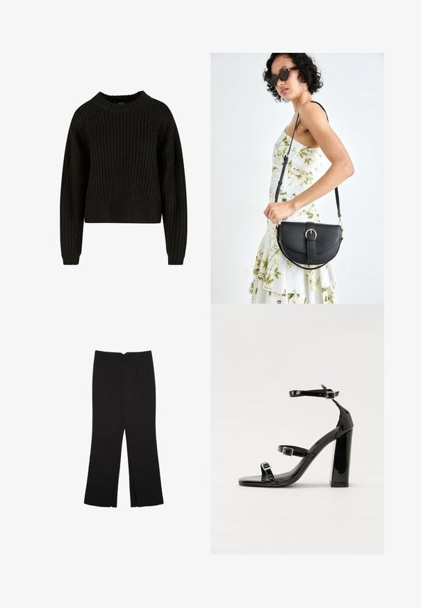 Mustat neulepaidat, joissa on ribbeerattu pinta, pyöreä pääntie ja pitkät hihat. Lyhyt malli, jossa on rento leikkaus. Ei näkyviä kuvioita tai varusteita.; Mustat housut suoralinjaisella leikkauksella, joissa on etutaskut ja sivurei'ät helman alla. Valmistettu pehmeästä ja sileästä kankaasta. Sopii eri tilaisuuksiin.; Musta kiiltävä korkokenkä sandaalit neliönmuotoisella varpaalla, nilkkaremmillä ja hopeisilla soljilla. Varustettu tukevalla lohkokorkealla vakauden takaamiseksi.; Musta nahkainen käsilaukku, joka on kaareva muotoilultaan, irrotettavalla hihnalla ja kultaisilla yksityiskohdilla. Laukussa on läppä, jossa on solk yksityiskohta.