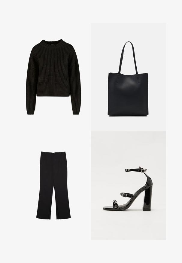 Crni pleteni pulover s rebrastom teksturom, okruglim izrezom i dugim rukavima. Skraćeni dizajn s labavim krojem. Nema vidljivih uzoraka ili metalnih dijelova.; Crne hlače ravnog kroja, s prednjim džepovima i bočnim prorezima na rubu. Izrađene od mekog i glatkog materijala. Pogodne za razne prigode.; Crne lakirane sandale na pete sa kvadratnim nosom, trakama oko gležnja i srebrnim kopčama. Imaju čvrst blok petu za stabilnost.; Crna kožna torba za nošenje s glatkom teksturom, pravokutnim oblikom i dvije duge ručke. Nema vidljivih metalnih dijelova ili ukrasa.