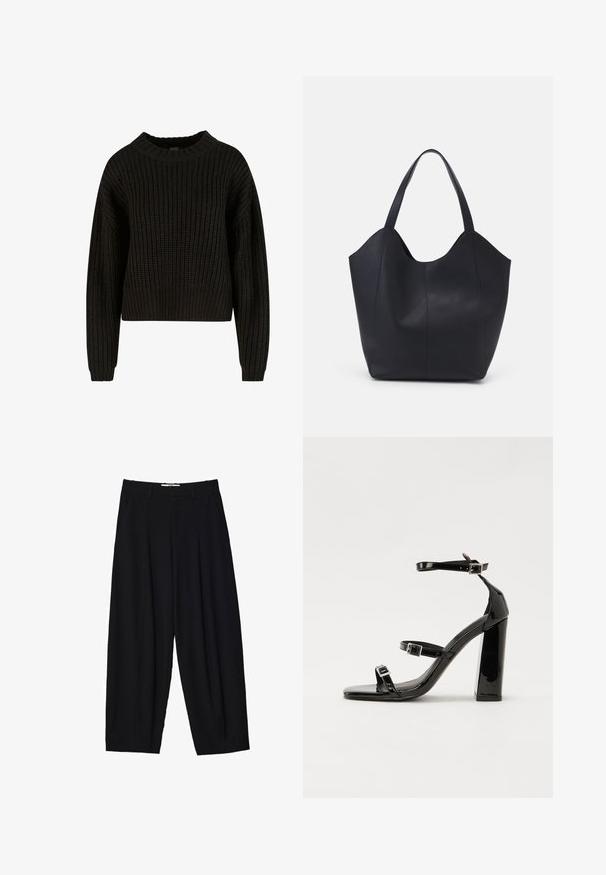 Svart stickad tröja med ribbad struktur, rund halsringning och långa ärmar. Kort design med en lös passform. Inga synliga mönster eller metalldelar.; Svarta vida byxor i lätt tyg, med framfållningar, en klassisk midja och sidofickor. Slät textur.; Svarta lackerade klacksandaler med fyrkantig tå, ankelremmar och silverfärgade spännen. Har en kraftig blockklack för stabilitet.; Svart tote-väska i slät läder, med en böjd, öppen topp, två axelremmar och en minimalistisk design.