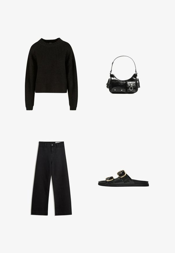 Schwarzer, gestrickter Pullover mit Rippenstruktur, rundem Halsausschnitt und langen Ärmeln. Verkürztes Design mit lockerer Passform. Keine sichtbaren Muster oder Hardware.; Schwarze weit geschnittene Jeans mit hoher Taille, ausgestattet mit Vorder- und Hintertaschen, gesteppten Nähten und einem Knopfverschluss. Glatte Textur.; Schwarze Riemensandale mit zwei goldenen Schnallendetails, glattem Material, flachem Sohlen und minimalistischer Gestaltung.; Schwarze Lackleder-Handtasche mit geschwungenem Design, einem Schulterriemen, Vordertaschen und silberfarbenen Hardware-Akzenten.