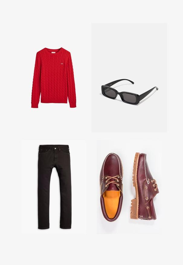 Punainen verkkoneulepaita, jossa on pyöreä kaula-aukko, ribbireunat hihansuissa ja helman alareunassa. Rinnassa on pieni logotunnus. Valmistettu teksturoidusta kankaasta.; Mustat slim-fit farkut, joissa on viisi taskua ja napitus, esiteltyinä tasaisena valkoista taustaa vasten.; Burgundin nahkakengät ruskeilla kumipohjilla, pyöreällä kärjellä, valkoisella ompelulla ja kultaisilla nauha-aukkoilla. Sisäpuolella on keltainen vuori.; Mustat suorakaiteen muotoiset aurinkolasit, joissa tummat linssit, kiiltävä pinta, leveät sangan varret ja massiivinen kehysmuotoilu. Yhden sangansivun kaiverrettu brändinimi.