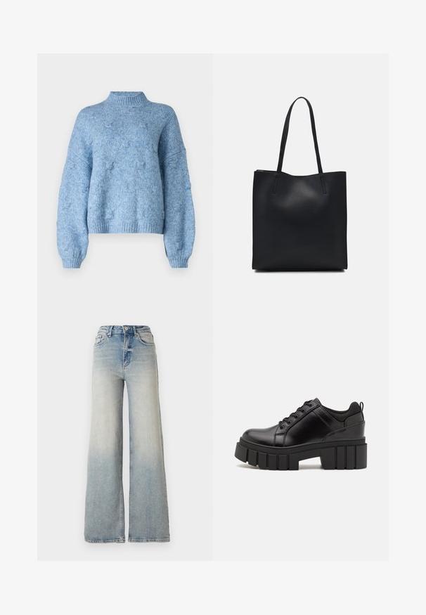 Vero Moda VMGAIL LS HIGHNECK - Trui - allure; Lichtblauwe wijdlopende spijkerbroek van denim, met een hoge taille, vijf zakken en zichtbare stiksels langs de naden.; Zwarte leren platform schoenen met een stevige blokhak, ronde neus en een traditionele vetersluiting. Kenmerkt zich door een gladde textuur en minimale details.; Zwarte leren handtas met een gladde textuur, rechthoekige vorm en twee lange handvaten. Geen zichtbare hardware of versieringen.