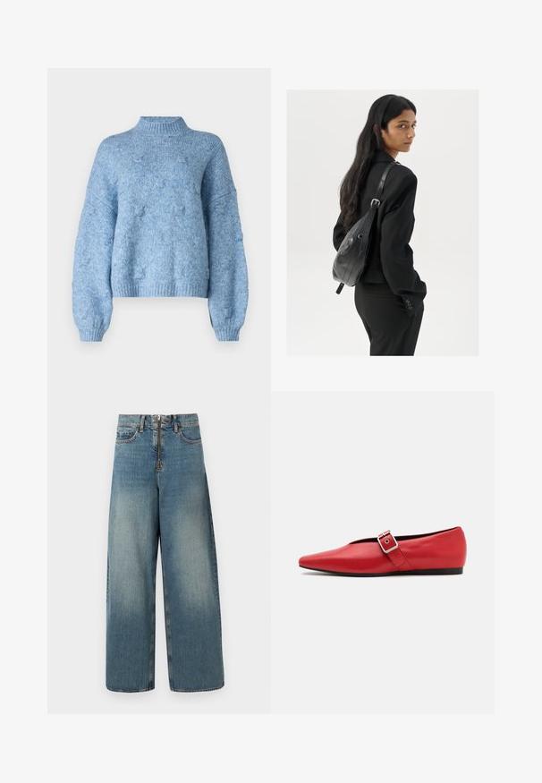 Vero Moda VMGAIL LS HIGHNECK - Vesta - allure; Široke traperice u svijetloplavoj nijansi. Imaju zatvarač s gumbom i blago izblijedjele dijelove za vintage izgled.; Crvene kožne ravne cipele sa špicastim vrhom, koje imaju bočnu traku s metalnom kopčom i nizak crni potplat. Glatka tekstura kroz cijelu cipelu.; Žena s dugom tamnom kosom koja nosi crno odijelo, drži crnu kožnu torbu preko ramena i gleda unazad na bijeloj pozadini.