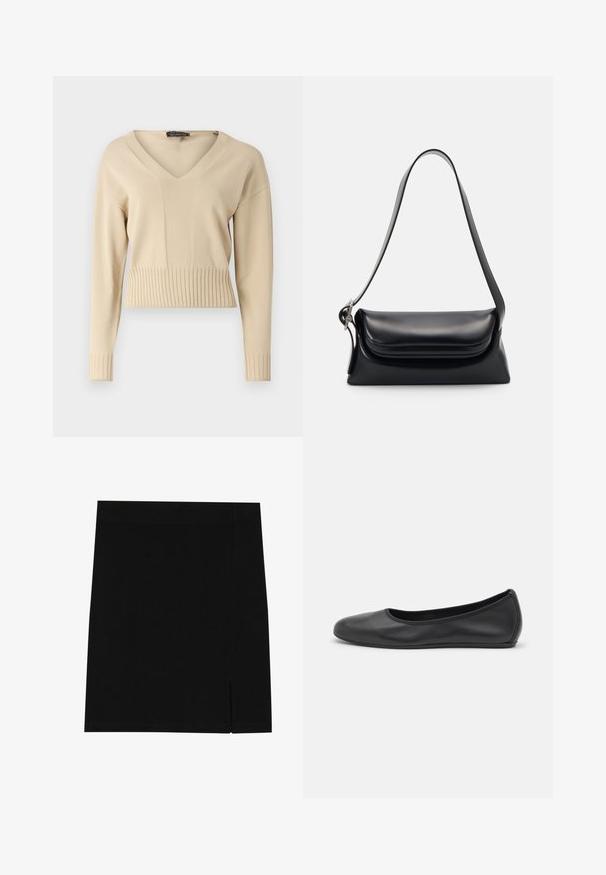 Beige knitted pullover featuring a V-neck, long sleeves, and ribbed hem and cuffs. The fabric has a smooth texture.; Black mini skirt made of soft fabric with a fitted design, featuring a slight slit on the side for added detail.; Black leather ballet flat with a rounded toe, smooth texture, minimal stitching detail, and a flexible sole design.; Black leather handbag with a structured shape, a smooth texture, and a single shoulder strap. Features a subtle, rounded flap design.