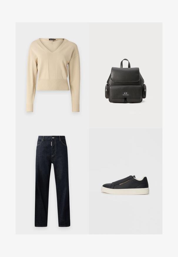Beige knitted pullover featuring a V-neck, long sleeves, and ribbed hem and cuffs. The fabric has a smooth texture.; Dark blue denim jeans with a straight cut, featuring a button closure, belt loops, and light contrasting stitching. No designs or patterns.; Black leather slip-on sneaker with white sole, gold "Armani Exchange" logo on side, and minimalist stitching detail.; Black leather backpack with a flap closure, front pocket, side zipper compartments, and a top handle. Features logo detailing at the front.