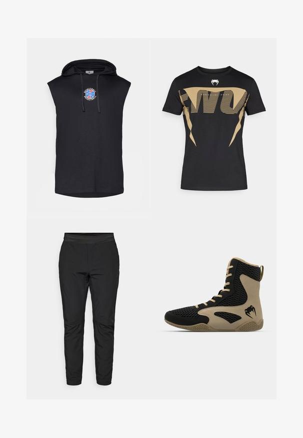 Čierna bezrukávová mikina z bavlny, s predným logom s červeným a modrým dizajnom basketbalovej lopty a s viazačkami na kapucni.; Čierne bavlnené tričko s veľkým, výrazným zlatým grafickým dizajnom s pruhmi a logom kobry na hrudi. Klasický strih s okrúhlym výstrihom.; Čierne legíny s priliehavým strihom, elastickým pásom a vreckami na zips. Hladká textúra s mierne lesklým povrchom.; Vysoké športové topánky s čiernou sieťovinou a béžovými akcentmi. Štruktúrovaná gumová podrážka a detail loga na boku.