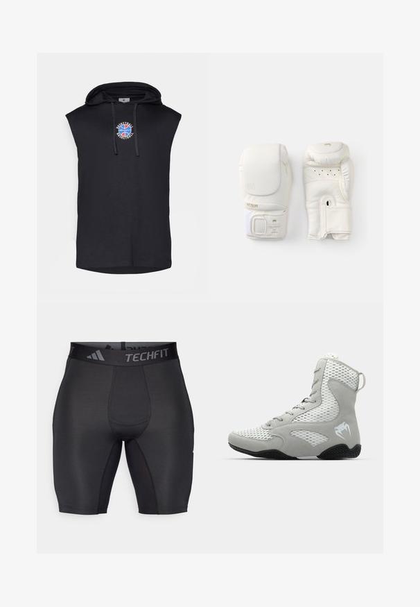 Melna bez piedurknēm kapučjaka, izgatavota no kokvilnas, ar priekšējo logo, kas attēlo sarkanu un zilu basketbola dizainu, kā arī ar auklām uz kapuces.; Melni sporta šorti no gludas, stiepjamas auduma. Iespējams plašs, zīmola jostasvīrs un plakanās šuves komfortam un izturībai.; Pelēki augstie sporta apavi ar sietiņu paneļiem, teksturētu zamšādu, apaļu purngalu un gumijas zoli; uz sāniem ir balts logo.; Baltas boksa cimdi, izstrādāti no teksturētas sintētiskās ādas, ar zelta akcentiem, Velcro siksnu un ventilācijas atverēm plaukstas daļā.