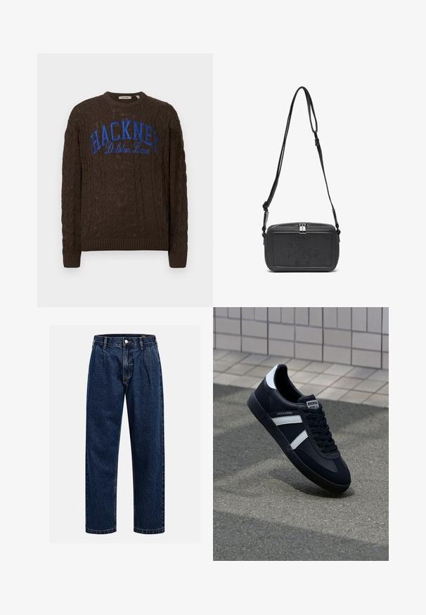 Smeđi džemper s pletenicom i okruglim izrezom, s plavim grafičkim natpisom "HACKNEY" i tekstom "Dalston Lane" sprijeda. Rebrasti manžeti i rub.; Tamno plave traperice s ravnim krojem. Imaju vidljivo šivanje, kopčanje na dugme i prednje nabore za dodatne detalje.; Crne kožne tenisice s bijelim prugama, strukturirana gumena potplate i vezanjem sprijeda. Ima oznaku brenda na jeziku.; Crna kožna torbica preko tijela s patentnim zatvaračem, ugraviranim logotipom sprijeda i podesivim remenom. Glatka tekstura s pravokutnim oblikom.