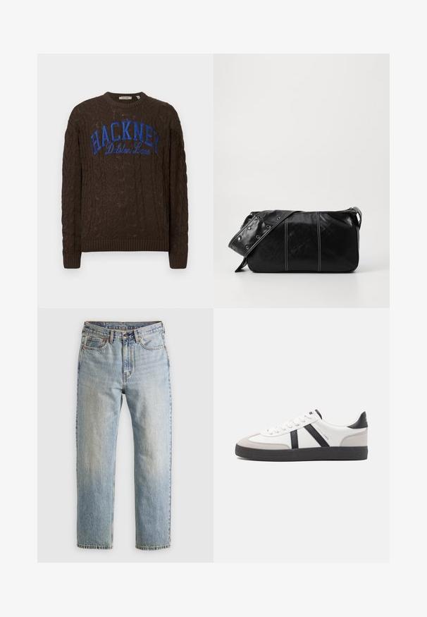 Brown cable knit sweater with round neck, featuring a blue "HACKNEY" graphic and "Dalston Lane" text at the front. Ribbed cuffs and hem.; Light blue denim jeans with high waist, front button, zipper, and five-pocket design, laid flat on a neutral background.; White sneaker with black and gray accents, featuring a textured gray toe cap, black rubber sole, and flat white laces. Clean design, minimalist style.; Black leather shoulder bag with a zip closure, featuring a textured body, white stitching, and a strap with silver grommets.