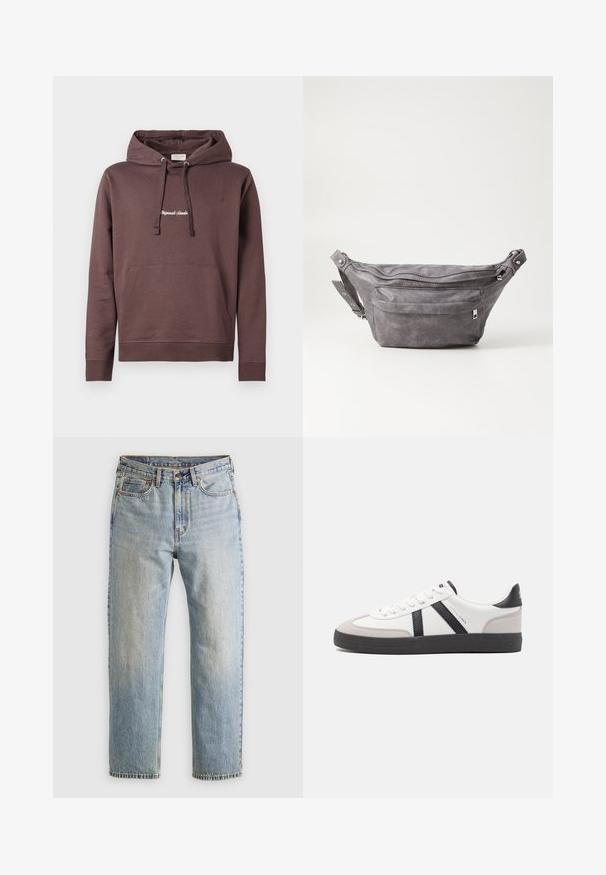 Barna kapucnis pulóver elülső kenguru zsebbel, állítható fűzős kapucnival és hímzett felirattal a mellkason. Pamut keverék anyag.; Világoskék farmernadrág magas derékkal, elülső gombbal, cipzárral és öt zsebbel, sima háttérre fektetve.; Fehér sneaker fekete és szürke részletekkel, textúrált szürke orr résszel, fekete gumitalppal és lapos fehér fűzőkkel. Tiszta dizájn, minimalista stílus.; Szürke velúr övtáska kerek formával, két cipzáras rekesszel és állítható pánttal. Fém dekorációval rendelkezik.